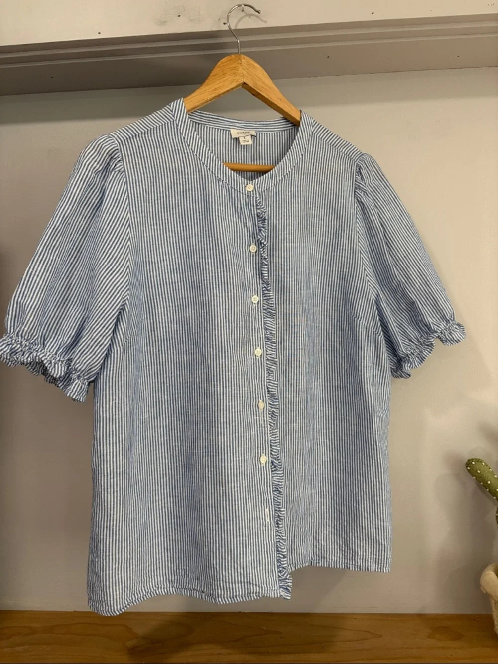 J. Crew Linen Blend Poplin Puff Sleeve Ruffle Top, Size L, New without Tag